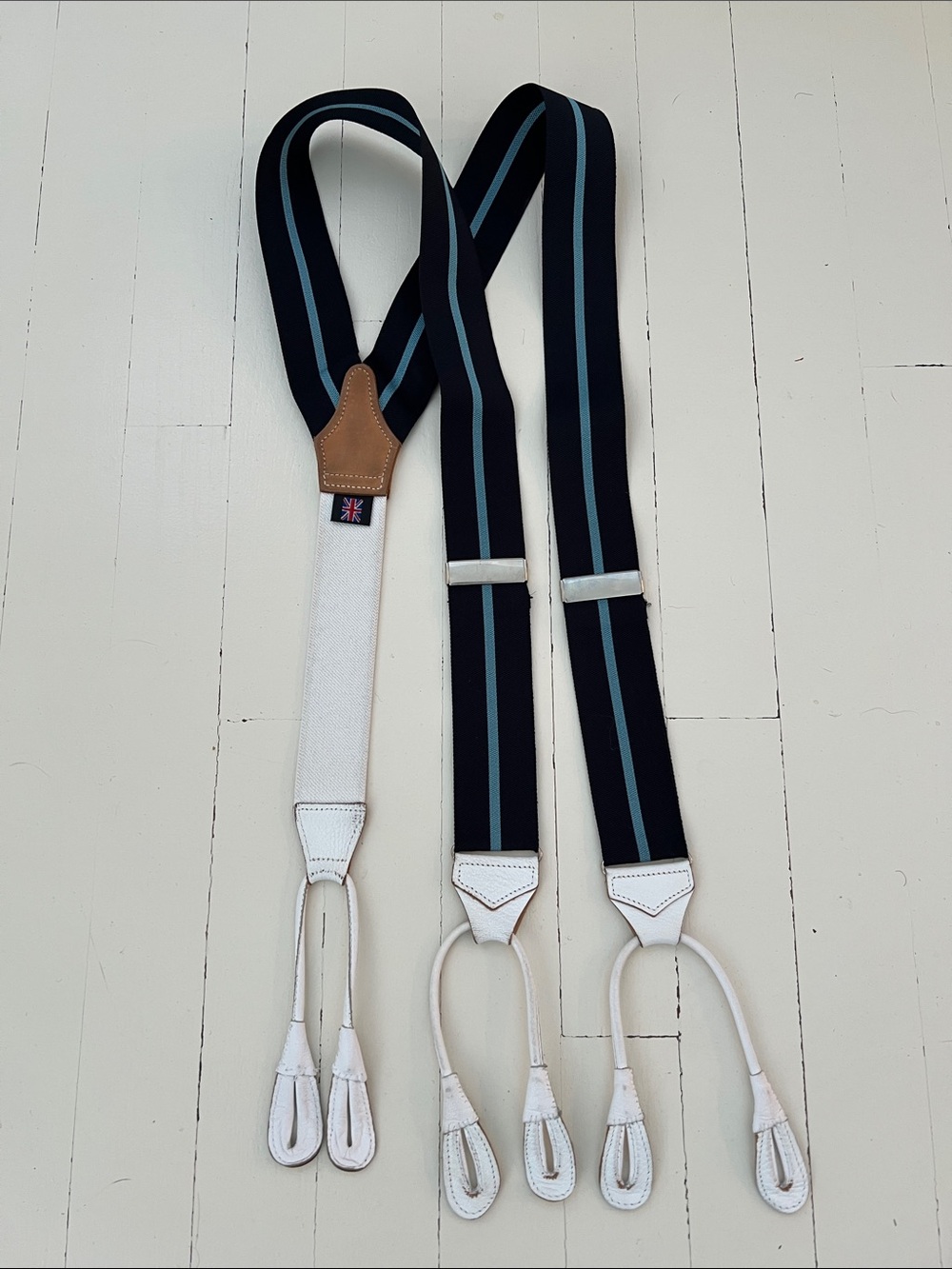 Albert Thurston Navy Striped Suspenders with White Leather Accents